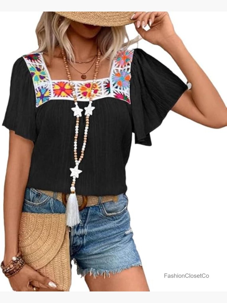 Boho Floral Crochet Ruffle Short Sleeve Square Neck Blouse Dressy Casual Top